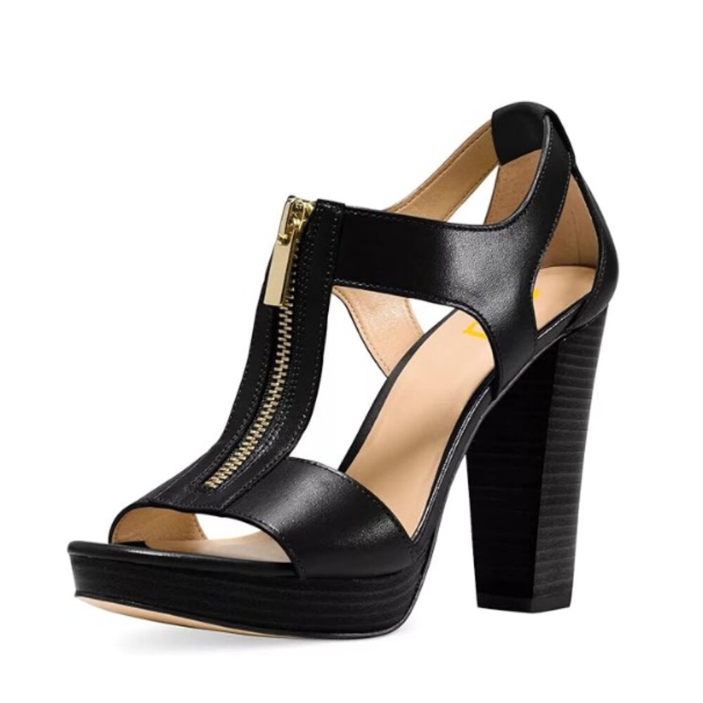 FSJ Women Peep Open Toe T-Strap Front Zipper Chunky Stacked High Heel Sandal Boo